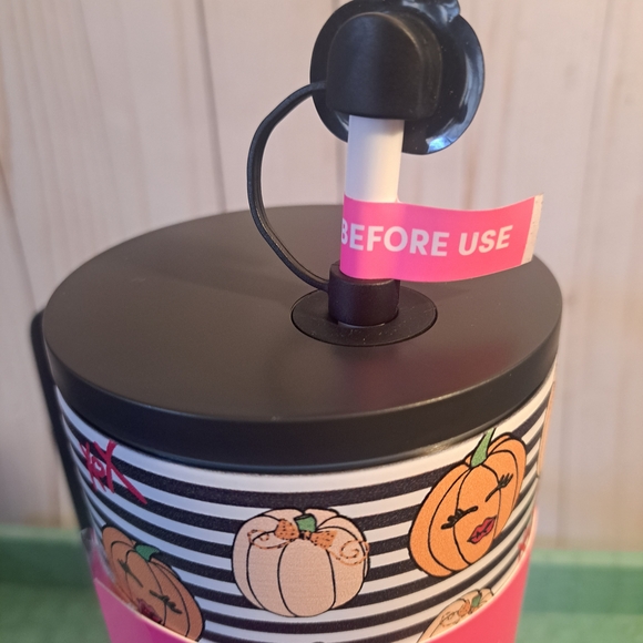 NWT Betsey Johnson Halloween Pumpkin Stripe 40 Oz. Tumbler W/Straw Topper Mug - Picture 5 of 6